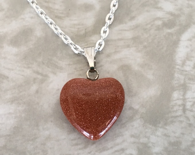 Goldstone Puffy Heart Necklace, Copper Sparkly Gemstone Pendant, Goldstone Crystal Necklace, Heart Charm Stone Jewelry w/ 24" silver chain