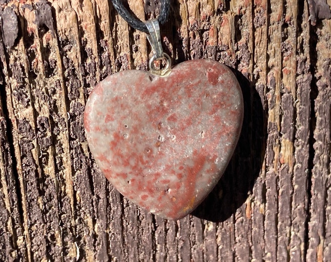 Jasper Heart Pendant, Red Silverleaf Jasper Gemstone Heart Shape Necklace, Natural Jasper Jewelry, Heart Charm Bead on adjustable cord