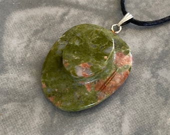 Unikite Cowboy Hat Carved Gemstone Pendant, Tumble Polished Unakite Stone Hat Shaped Necklace w Adjustable Cord, Natural Stone Jewelry