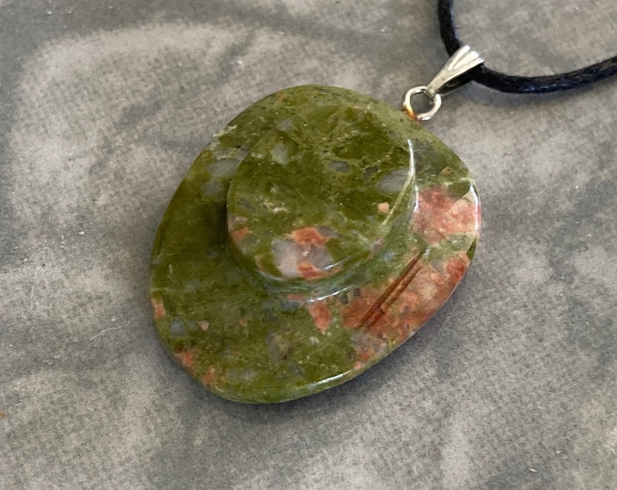 Unikite Cowboy Hat Carved Gemstone Pendant, Tumble Polished Unakite Stone Hat Shaped Necklace w Adjustable Cord, Natural Stone Jewelry