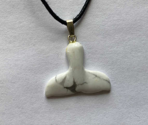 White Howlite Whale/Dolphin Tail Carved Gemstone Pendant, Tumble Polished Stone Necklace on Adjustable Cord, Natural Stone Jewelry