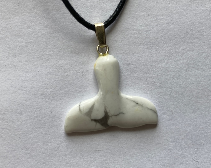 White Howlite Whale/Dolphin Tail Carved Gemstone Pendant, Tumble Polished Stone Necklace on Adjustable Cord, Natural Stone Jewelry