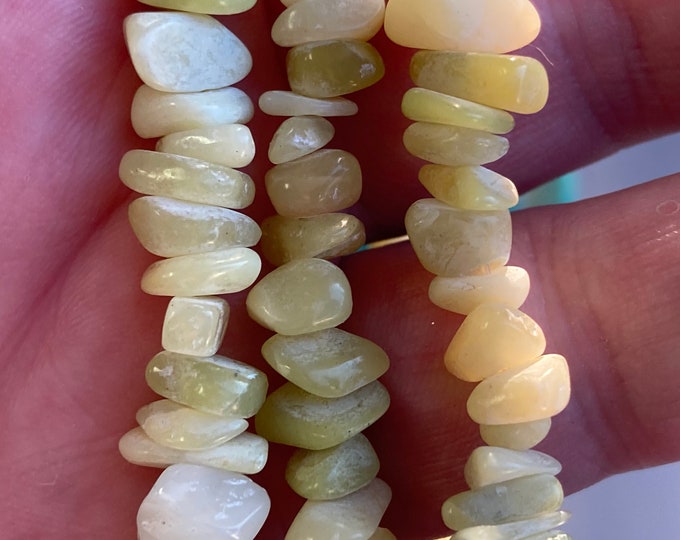 Olive Jade Gemstone Chip Strand 32" Full Strand Beads, Tumble Polished Crystal Gemstone Chip Necklaces, Drilled Pebble Small Chips