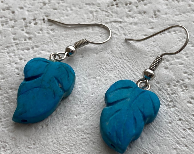 Handcrafted Turquoise Leaf Shape, Surgical Steel Hook Earrings, Handmade Jewelry, Howlite Turquoise Silver Color Accent Bead
