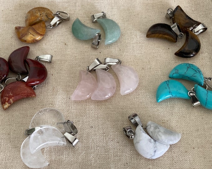 Assorted Gemstone Crescent Quarter Moon Carved Pendant, Polished Stone Jewelry, Assorted Gemstone Moon Crescent Necklace w Adjustable Cord