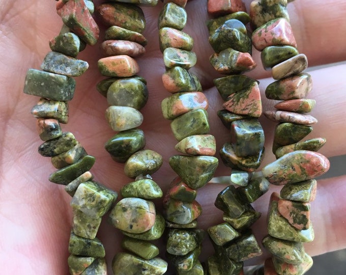 Unakite Japser Gemstone Chip Strand 32" Full Strand Beads, Tumble Polished Crystal Gemstone Chip Necklaces, Drilled Pebble Small Chips