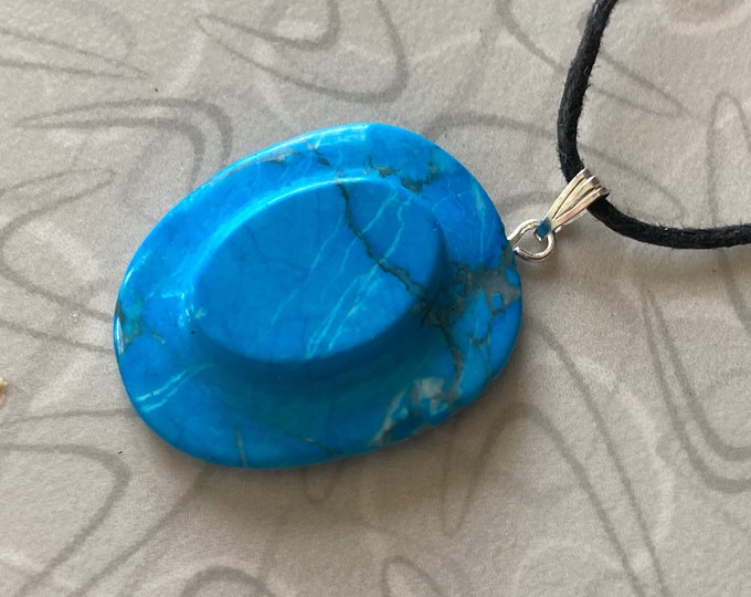 Howlite Turquoise Western Cowboy Hat Gemstone Pendant, Necklace, Adjustable Cord, Natural Carved Stone Gemstone Jewelry