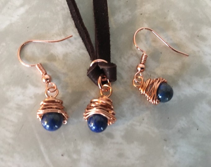Lapis Lazuli Bead Copper Wire Pendant And Earrings, Handmade Jewelry, Lapis Wire Wrapped Necklace With Copper Wrapper Earrings