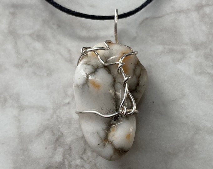 White Howlite (California) Tumbled Gemstone Pendant, .925 Sterling Silver Handmade Wire Wrapped Necklace, Natural Polished Healing Stones