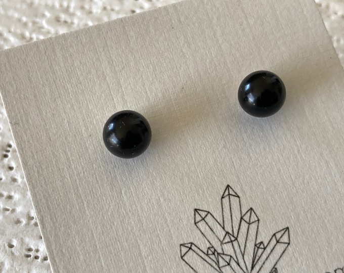 Black Onyx post earrings, 6mm gemstone ball stud earring pair, surgical steel ear post w/ silicone earring back, crystal jewelry