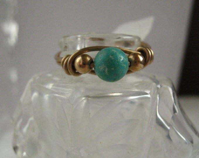 Turquoise Bead Ring, 14k Gold Filled Wire Wrapped Gemstone, Size 7 Ring, Natural Turquoise Stone Beads, Handmade Handcrafted Crystal Jewelry