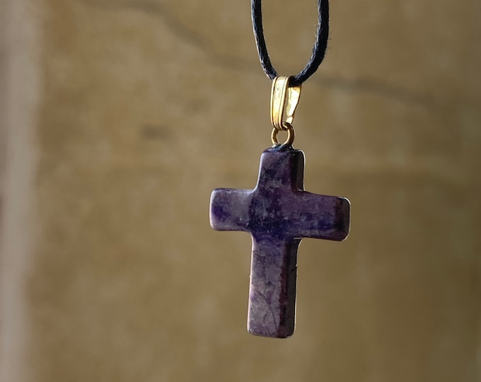 Purple Howlite Magnesite Cross Shape Gemstone Pendant, Purple Crystal Necklace Adjustable Length, Natural Gemstone Jewelry