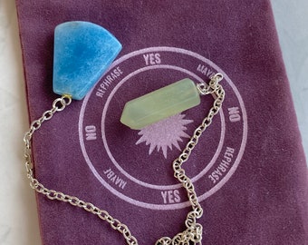 Pendulum Kit, Handmade Silkscreen Printed Divination Bag and Handcrafted Gemstone Pendulum Set, Each One Unique!