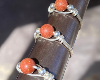 Goldstone Gemstone Wire Wrapped Ring in .925 Sterling Silver, Round Gold Stone Bead and Sterling Ring