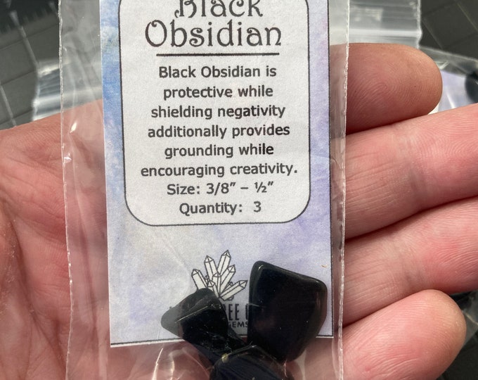 Black Obsidian lot of 3 tumbled stones small size 3/8" - 1/2", Spirit Property Card, Polished Black Obsidian crystal grids, jewelry making