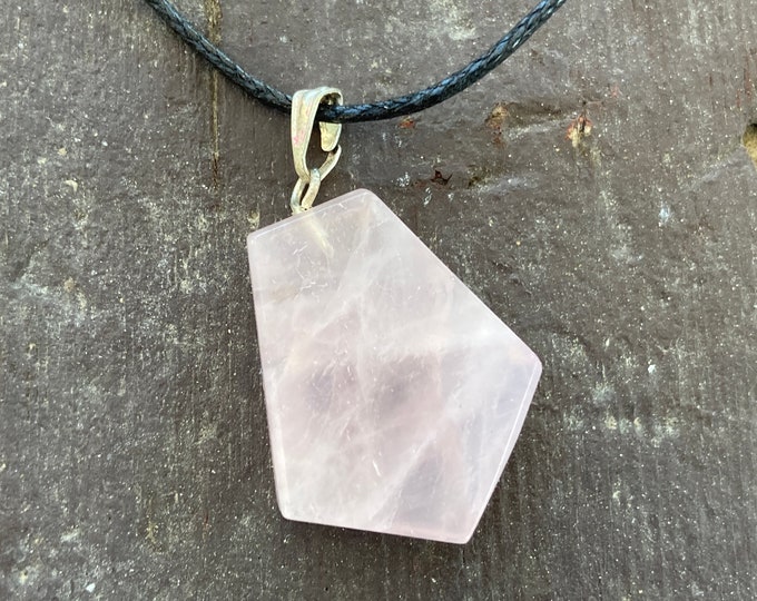 Rose Quartz Freeform Faceted Point Shaped Carved Gemstone Pendant, Pink Quartz Crystal Necklace on Adjustable Cord, Natural Stone Jewelry