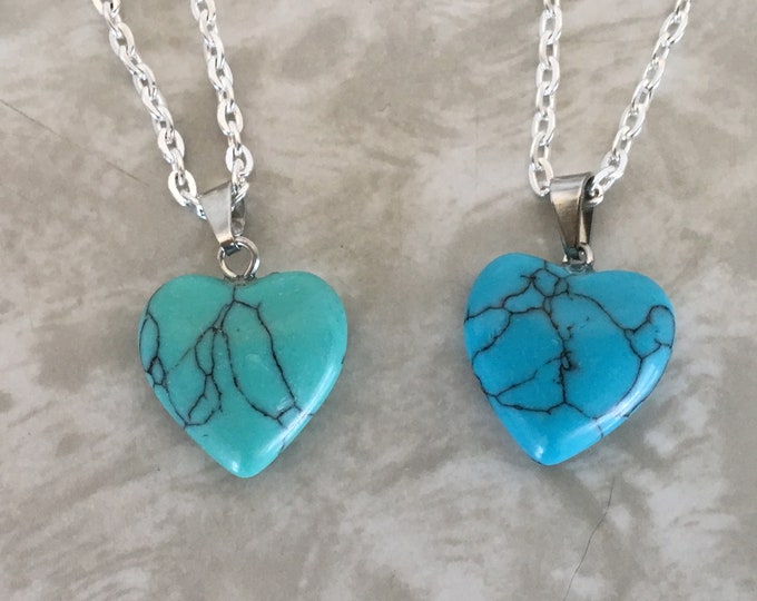 Turquoise Howlite / Magnesite Puffy Heart Necklace, Dyed Turquoise Gemstone Pendant Crystal Necklace Jewelry Heart Charm w/ 24" silver chain