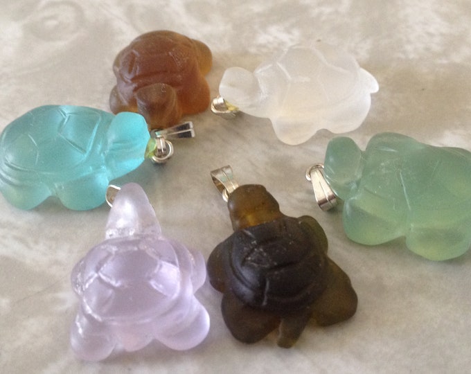 Turtle Pendant, Carved Turtle / Tortoise Necklace, Assorted Colors, Matte Finish Carved Glass, Animal Totem Necklace, turtle fetish charm