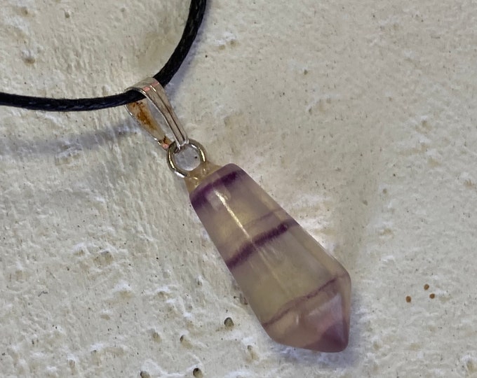 Purple Fluorite Point Pendant, Banded Fluorite Shape Necklace on Black Cord, Fluorite Crystal Necklace, Gemstone Heart, Fluorite Bead