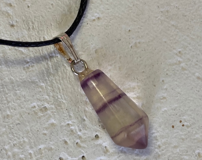 Purple Fluorite Point Pendant, Banded Fluorite Shape Necklace on Black Cord, Fluorite Crystal Necklace, Gemstone Heart, Fluorite Bead