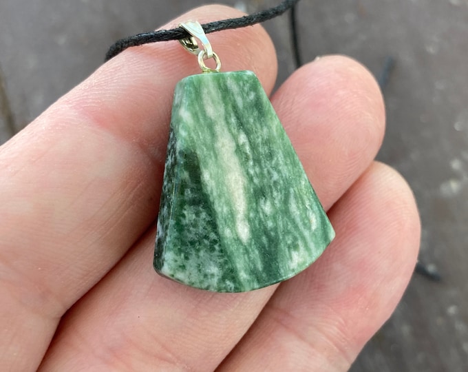Tree Agate Freeform Green White Shaped Carved Gemstone Pendant, Tumble Polished Stone Necklace on Adjustable Cord, Natural Stone Jewelry