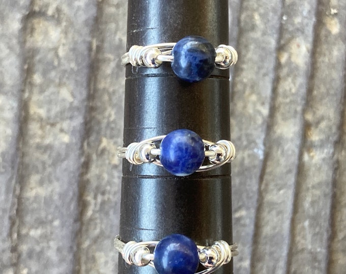 Sodalite Round Gemstone Wire Wrapped Ring in Silver Plated Wire, Assorted Size Silver Blue Sodalite Bead Rings