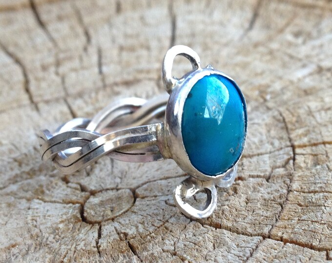 Sterling Silver Twisted Sterling Silver, Hand-wrought Sterling Silver Turquoise Cabochon Ring, Handmade Jewelry