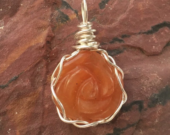Peach Aventurine Flower Gemstone Pendant, .925 Sterling Silver Handmade Wire Wrapped Necklace, Polished Cabochon, Reiki Chakra Healing Stone
