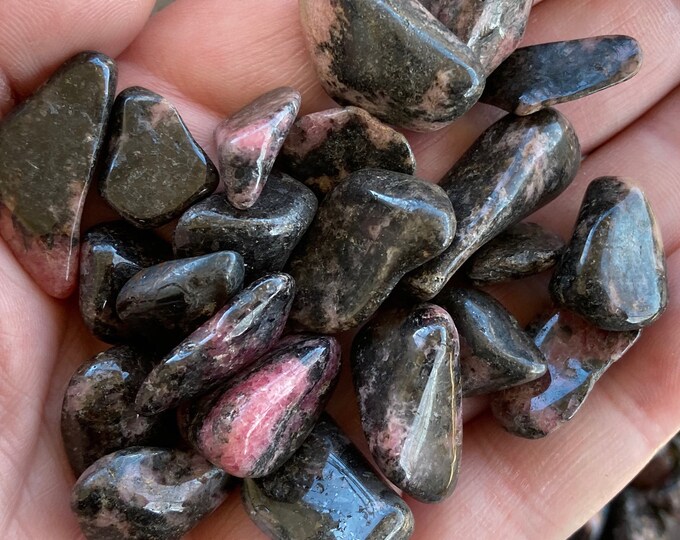 Rhodonite Pink & Black -grade Gemstones, lot of 10 undrilled tumbled gemstone chips small pieces, crystal grids, orgone, elixirs