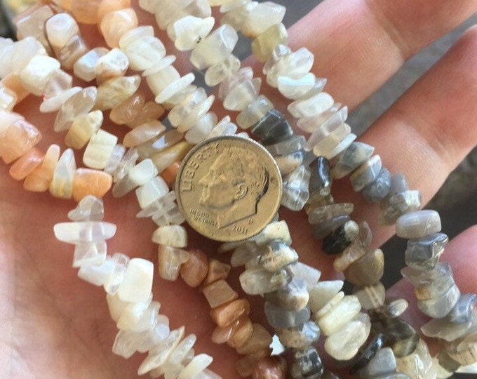 Moonstone Gemstone Chip Strand 32" Full Strand Drilled, Tumble Polished Crystal Gemstone Chip Necklaces, Drilled Pebble Small Chips