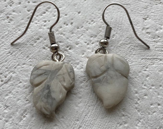 Handcrafted White Howlite Leaf Shape, Surgical Steel Hook Earrings, Handmade Jewelry, Howlite Turquoise Silver Color Accent Bead