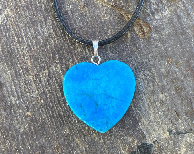 Turquinite Howlite Dyed Blue Heart Pendant, Turquoise Howlite Heart Necklace, Heart Shaped Dyed Turquoise on Adjustable Cord