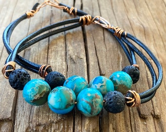 Turquoise Dyed Agate Bead Leather & Copper Bracelet, Faux Turquoise Gemstone Bead Leather Bracelet, Dyed Agate Turquoise Round Beads