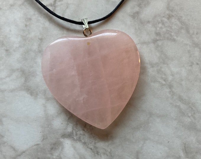 Pink Rose Quartz Large Heart Necklace, Natural Gemstone Pendant, Crystal Necklace Jewelry Rose Quartz Heart Charm on 16" silver tone chain