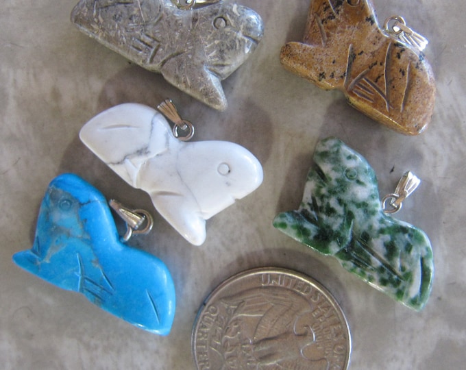 Carved Gemstone Pendants - Lot of 5 Polished Frog Toad Shape Pendants, asst. semi-precious stone necklace jewelry, charm, focal bead LOT D