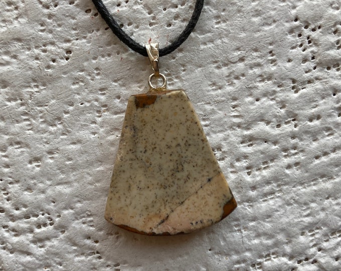 Picture Jasper Freeform Necklace w/ Cord, Carved Gemstone Pendant, Polished Jasper Freeform Drop, Picture Jasper Gemstone Charm