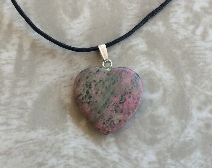 Unakite Heart Pendant, Green & Pink Unakite Jasper Stone Heart Shape Necklace w Adjustable Cord, Natural Carved Gemstone Jewelry Heart Charm