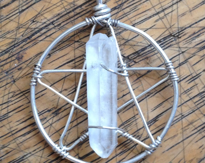 Handmade Sterling Silver Wire Wrapped Pentacle Pendant with Double Terminated Quartz Crystal pentagram necklace, 5 pointed star, Wicca Altar