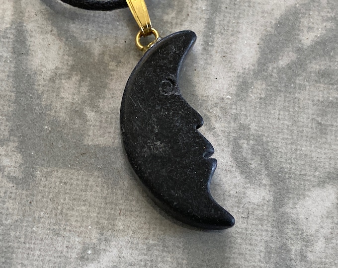 Black Onyx Moon Pendant, Polished Black Onyx Crescent Moon Shape Necklace on Adjustable Cord, Natural Stone Jewelry
