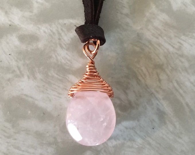 Handmade Rose Quartz Pendant, Faceted Rose Quartz Copper Wire Wrapped Necklace, Pink Quartz Crystal Jewelry, Leather Cord And Clasp