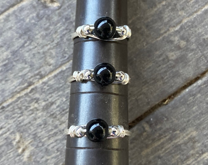 Black Onyx Round Gemstone Wire Wrapped Ring in Silver Plated Wire, Assorted Size Silver Black Onyx Bead Rings