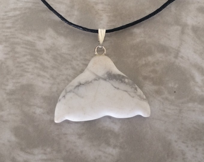 White Howlite Whale/Dolphin Tail Carved Gemstone Pendant, Tumble Polished Stone Necklace on Adjustable Cord, Natural Stone Jewelry