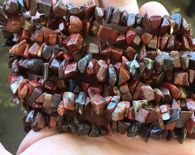 Brecciated Jasper Gemstone Chip Strand 32" Full Strand Drilled, Tumble Polished Crystal Gemstone Chip Necklaces, Drilled Pebble Small Chips