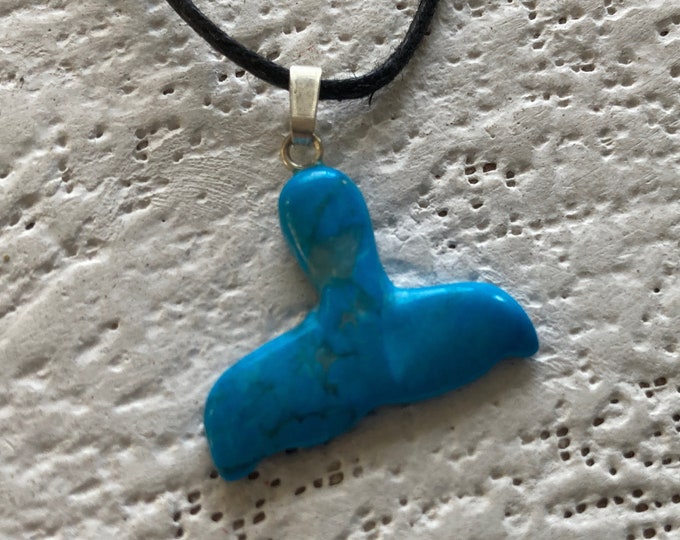 Turquoise Howlite Whale/Dolphin Tail Carved Gemstone Pendant, Tumble Polished Stone Necklace on Adjustable Cord, Natural Stone Jewelry