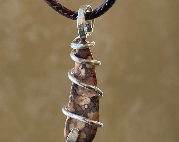 Leopardskin Jasper Nugget Sterling Silver Pendant, Handcrafted Wire .925 Sterling Silver Gemstone Necklace, Leopard Skin Nugget Spiral Wrap