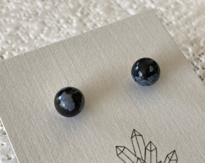 Snowflake Obsidian post earrings, 6mm gemstone ball stud earring pair, surgical steel ear post w/ silicone earring back, crystal jewelry