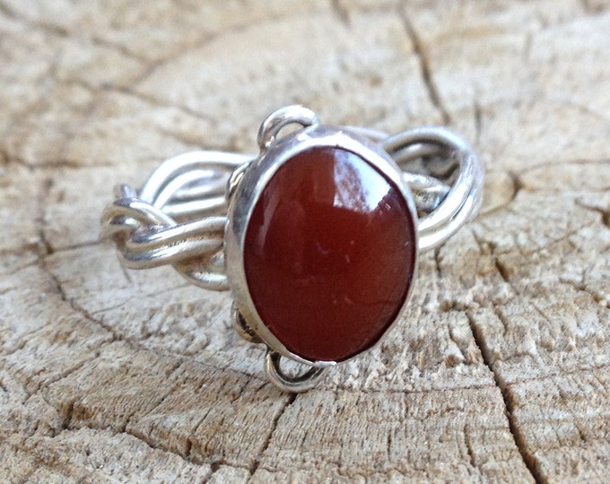 Sterling Silver Hand-wrought Red Carnelian Oval Cabochon Ring, Handmade Jewelry