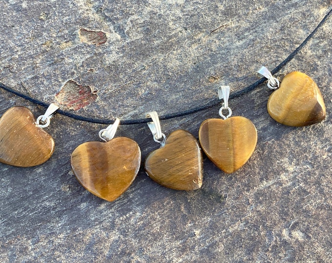Gold Tiger Eye Heart Necklace, Tigers Eye Natural Gemstone Pendant, Crystal Necklace, Gemstone Jewelry Heart Shape Charm, Bead, Pendant