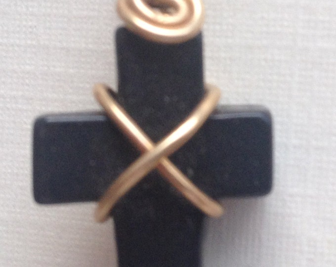 Black Onyx Cross, Gold Filled Wire Wrapped