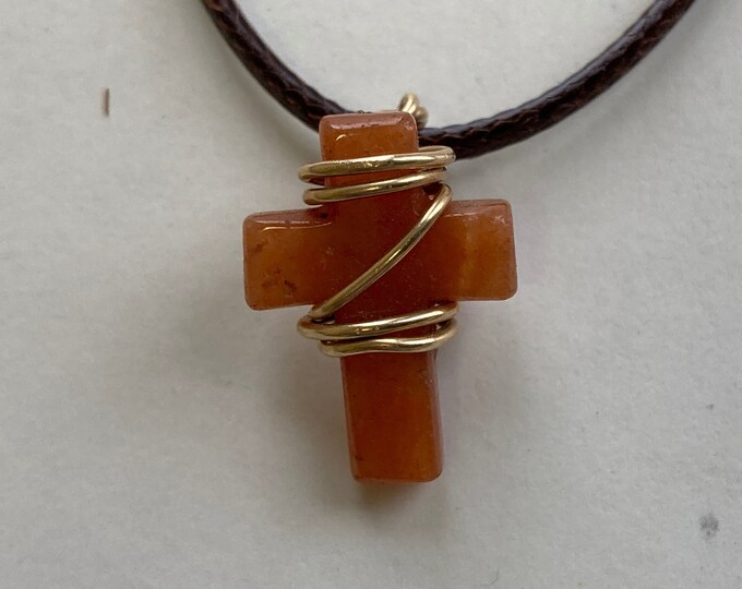 Orange Carnelian Cross Shape Gemstone 14K Gold-Filled Wire Wrapped Pendant, Carved Polished Stone Necklace on Brown Cord, Christian Jewelry